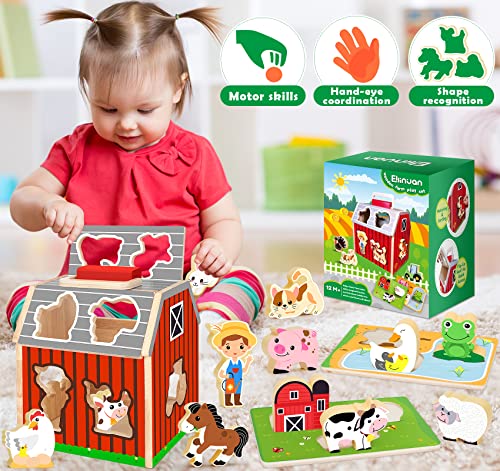 Wooden Farm Animals Toys for 1 2 3 Year Old Girl Boy, Take-Along Sorting Barn Toy with Baby Chunky Puzzles, Montessori Learning Toys for Fine Motor Games, Christmas Birthday Gifts for Toddlers 1-3