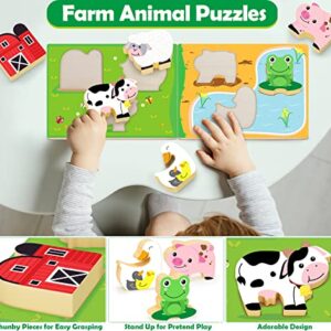 Wooden Farm Animals Toys for 1 2 3 Year Old Girl Boy, Take-Along Sorting Barn Toy with Baby Chunky Puzzles, Montessori Learning Toys for Fine Motor Games, Christmas Birthday Gifts for Toddlers 1-3