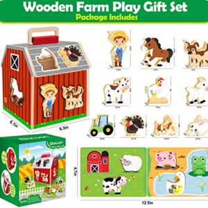 Wooden Farm Animals Toys for 1 2 3 Year Old Girl Boy, Take-Along Sorting Barn Toy with Baby Chunky Puzzles, Montessori Learning Toys for Fine Motor Games, Christmas Birthday Gifts for Toddlers 1-3