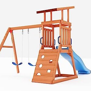 Dolphin Playground Wooden Swing Sets for Backyard with 6FT Slide, Outdoor Playset for Kids with Sand Pit, Climbing Wall, and 2 Belt Swings, Heavy Duty Playground Accessories, Ages 2-9