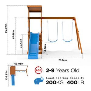 Dolphin Playground Wooden Swing Sets for Backyard with 6FT Slide, Outdoor Playset for Kids with Sand Pit, Climbing Wall, and 2 Belt Swings, Heavy Duty Playground Accessories, Ages 2-9
