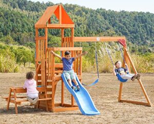 dolphin playground wooden swing sets for backyard with 2 in 1 outdoor table, outdoor playset for kids 3-10 with rock climbing wall, 6ft wave slide, fort, and 2 belt swings, playground accessories