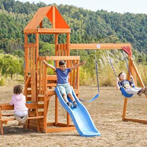 Dolphin Playground Wooden Swing Sets for Backyard with 2 in 1 Outdoor Table, Outdoor Playset for Kids 3-10 with Rock Climbing Wall, 6FT Wave Slide, Fort, and 2 Belt Swings, Playground Accessories