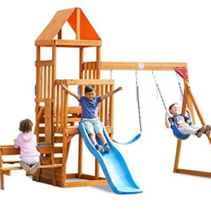 Dolphin Playground Wooden Swing Sets for Backyard with 2 in 1 Outdoor Table, Outdoor Playset for Kids 3-10 with Rock Climbing Wall, 6FT Wave Slide, Fort, and 2 Belt Swings, Playground Accessories