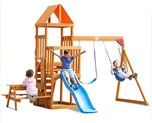 Dolphin Playground Wooden Swing Sets for Backyard with 2 in 1 Outdoor Table, Outdoor Playset for Kids 3-10 with Rock Climbing Wall, 6FT Wave Slide, Fort, and 2 Belt Swings, Playground Accessories