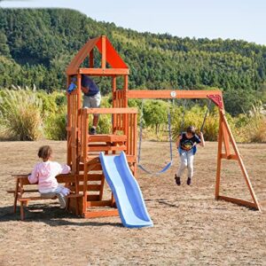 Dolphin Playground Wooden Swing Sets for Backyard with 2 in 1 Outdoor Table, Outdoor Playset for Kids 3-10 with Rock Climbing Wall, 6FT Wave Slide, Fort, and 2 Belt Swings, Playground Accessories