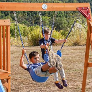 Dolphin Playground Wooden Swing Sets for Backyard with 2 in 1 Outdoor Table, Outdoor Playset for Kids 3-10 with Rock Climbing Wall, 6FT Wave Slide, Fort, and 2 Belt Swings, Playground Accessories