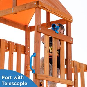 Dolphin Playground Wooden Swing Sets for Backyard with 2 in 1 Outdoor Table, Outdoor Playset for Kids 3-10 with Rock Climbing Wall, 6FT Wave Slide, Fort, and 2 Belt Swings, Playground Accessories