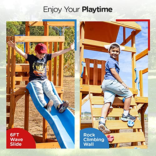 Dolphin Playground Wooden Swing Sets for Backyard with 2 in 1 Outdoor Table, Outdoor Playset for Kids 3-10 with Rock Climbing Wall, 6FT Wave Slide, Fort, and 2 Belt Swings, Playground Accessories