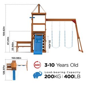 Dolphin Playground Wooden Swing Sets for Backyard with 2 in 1 Outdoor Table, Outdoor Playset for Kids 3-10 with Rock Climbing Wall, 6FT Wave Slide, Fort, and 2 Belt Swings, Playground Accessories