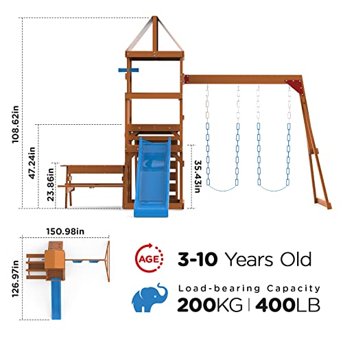 Dolphin Playground Wooden Swing Sets for Backyard with 2 in 1 Outdoor Table, Outdoor Playset for Kids 3-10 with Rock Climbing Wall, 6FT Wave Slide, Fort, and 2 Belt Swings, Playground Accessories