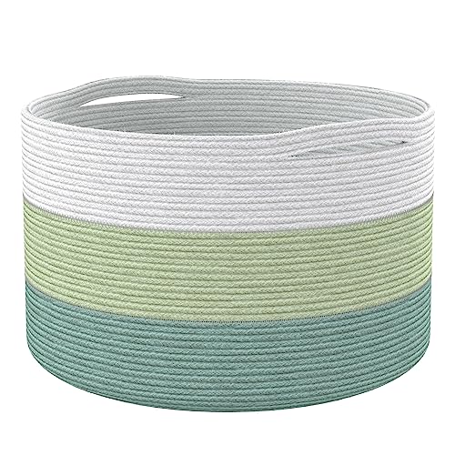 Eco Living Recycled Cotton Rope Storage Basket - 21.7 x 21.7 x 13.8 Inches Extra Large Basket for Cushions, Blanket, Pillows, Toys - Stylish and Eco-Friendly Living Room Rope Basket - Green & White