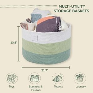 Eco Living Recycled Cotton Rope Storage Basket - 21.7 x 21.7 x 13.8 Inches Extra Large Basket for Cushions, Blanket, Pillows, Toys - Stylish and Eco-Friendly Living Room Rope Basket - Green & White