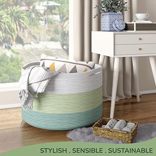 Eco Living Recycled Cotton Rope Storage Basket - 21.7 x 21.7 x 13.8 Inches Extra Large Basket for Cushions, Blanket, Pillows, Toys - Stylish and Eco-Friendly Living Room Rope Basket - Green & White