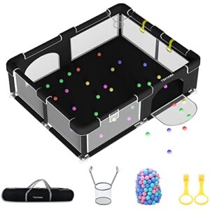 extra large baby playpen for babies toddlers 71"x79" -portable big baby playard with 2 door for indoor - black baby play yard fence with 50 ocean balls 2 pull rings a storage bag