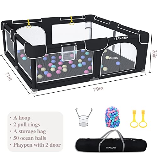 Extra Large Baby Playpen for Babies Toddlers 71"X79" -Portable Big Baby Playard with 2 Door for Indoor - Black Baby Play Yard Fence with 50 Ocean Balls 2 Pull Rings A Storage Bag