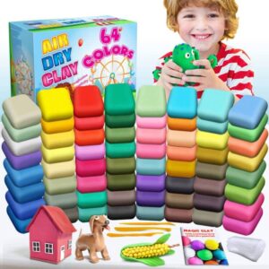 air dry clay 64 colors, modeling clay for kids, diy molding magic clay for with tools, soft & ultra light, toys gifts for age 3 4 5 6 7 8+ years old boys girls kids