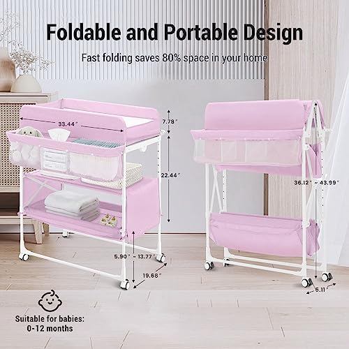 SEA PUNK Portable Baby Diaper Changing Table, Foldable Diaper Changing Tables, Waterproof Diaper Changing Pad, Height Adjustable Changing Diaper Station for Infant and Nursery, Mobile Changing Table
