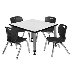 romig kee 30 in. square adjustable classroom table- white & 4 andy 12 in. stack chairs- black & grey base