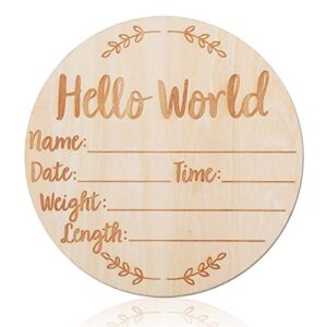 wooden baby announcement sign, 5.9 inch round new baby sign hello world newborn welcome sign for hospital photo prop baby shower new parents (style 2)