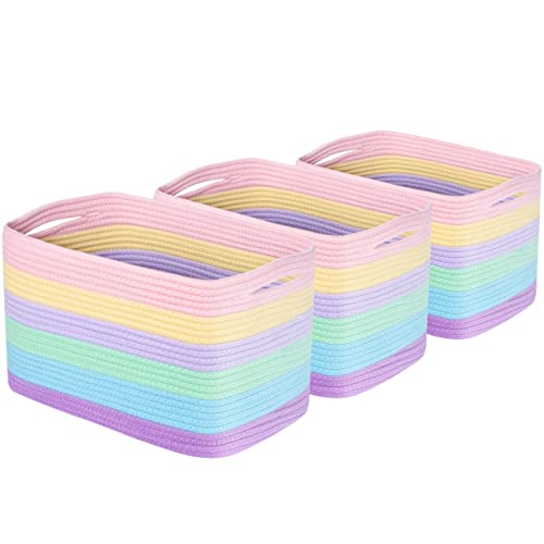 MINTWOOD Design 3-Pack Storage Baskets for Shelves, Playroom and Classroom Storage Basket, Book Basket, Decorative Storage Cube Bins, Woven Closet Organizers, Nursery Baskets, Pastel Rainbow