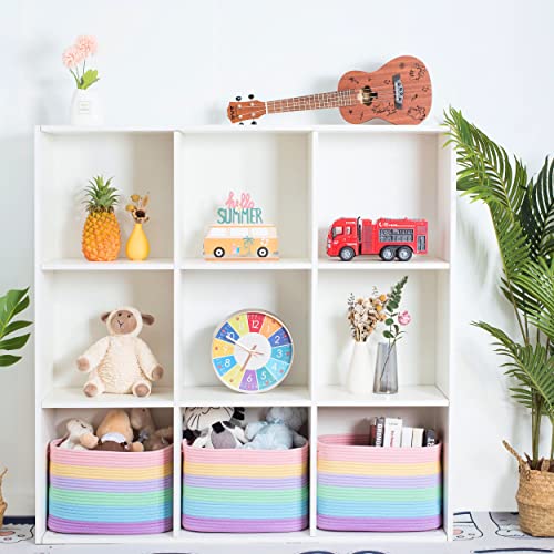 MINTWOOD Design 3-Pack Storage Baskets for Shelves, Playroom and Classroom Storage Basket, Book Basket, Decorative Storage Cube Bins, Woven Closet Organizers, Nursery Baskets, Pastel Rainbow