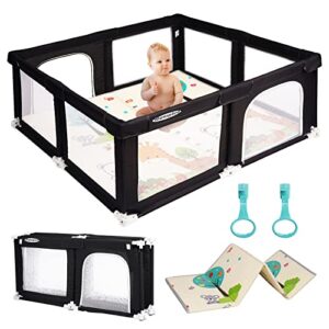 rompico foldable baby playpen with mat, foldable large baby playpen for toddler, indoor & outdoor playard for kids activity center, sturdy play yard with soft breathable mesh (foldable 71”x71”, black)
