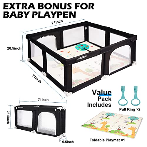 ROMPICO Foldable Baby Playpen with Mat, Foldable Large Baby Playpen for Toddler, Indoor & Outdoor Playard for Kids Activity Center, Sturdy Play Yard with Soft Breathable Mesh (Foldable 71”x71”, Black)