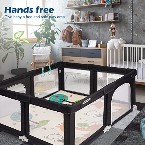 ROMPICO Foldable Baby Playpen with Mat, Foldable Large Baby Playpen for Toddler, Indoor & Outdoor Playard for Kids Activity Center, Sturdy Play Yard with Soft Breathable Mesh (Foldable 71”x71”, Black)