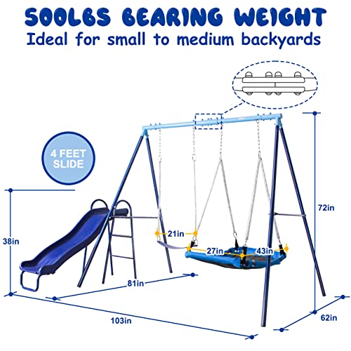 500lbs Swing Sets for Backyard with Slide, Platform Swing 43 inch, Belt Swing, Heavy Duty Metal Swing Stand for Playground and Backyard