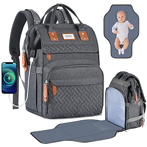 Diaper Bag Backpack, Versatile Large Travel Diaper Bag with Portable Changing Pad and USB Charging Port for Moms Dads, Waterproof Unisex Baby Bag for Boys Girls, Baby Registry Search Shower Gifts