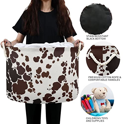 MIFSOIAVV Cowhide Brown Large Round Storage Basket Milk Cow Print Laundry Basket Cowhide Skin Pattern Toy Storage Hamper Organizer Bin Storage Box Durable Handles for Bathroom