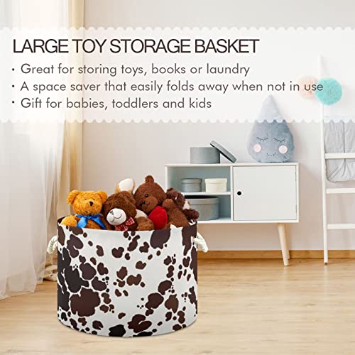 MIFSOIAVV Cowhide Brown Large Round Storage Basket Milk Cow Print Laundry Basket Cowhide Skin Pattern Toy Storage Hamper Organizer Bin Storage Box Durable Handles for Bathroom