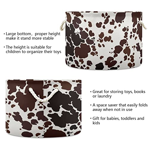 MIFSOIAVV Cowhide Brown Large Round Storage Basket Milk Cow Print Laundry Basket Cowhide Skin Pattern Toy Storage Hamper Organizer Bin Storage Box Durable Handles for Bathroom