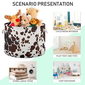 MIFSOIAVV Cowhide Brown Large Round Storage Basket Milk Cow Print Laundry Basket Cowhide Skin Pattern Toy Storage Hamper Organizer Bin Storage Box Durable Handles for Bathroom