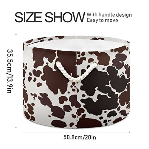 MIFSOIAVV Cowhide Brown Large Round Storage Basket Milk Cow Print Laundry Basket Cowhide Skin Pattern Toy Storage Hamper Organizer Bin Storage Box Durable Handles for Bathroom