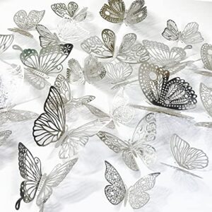 ewong 60pcs 3d butterfly wall decal birthday cake party decoration 5 style mural sticker art craft kid nursery classroom wedding baby shower decorative girl bedroom home room office decor (silver)