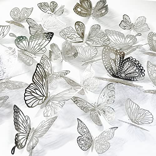 Ewong 60Pcs 3D Butterfly Wall Decal Birthday Cake Party Decoration 5 Style Mural Sticker Art Craft Kid Nursery Classroom Wedding Baby Shower Decorative Girl Bedroom Home Room Office Decor (Silver)