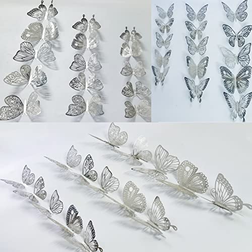 Ewong 60Pcs 3D Butterfly Wall Decal Birthday Cake Party Decoration 5 Style Mural Sticker Art Craft Kid Nursery Classroom Wedding Baby Shower Decorative Girl Bedroom Home Room Office Decor (Silver)