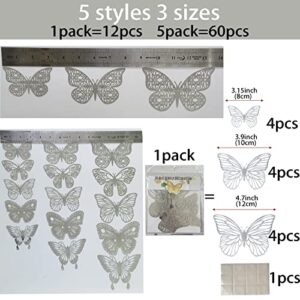 Ewong 60Pcs 3D Butterfly Wall Decal Birthday Cake Party Decoration 5 Style Mural Sticker Art Craft Kid Nursery Classroom Wedding Baby Shower Decorative Girl Bedroom Home Room Office Decor (Silver)