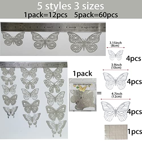 Ewong 60Pcs 3D Butterfly Wall Decal Birthday Cake Party Decoration 5 Style Mural Sticker Art Craft Kid Nursery Classroom Wedding Baby Shower Decorative Girl Bedroom Home Room Office Decor (Silver)