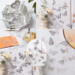 Ewong 60Pcs 3D Butterfly Wall Decal Birthday Cake Party Decoration 5 Style Mural Sticker Art Craft Kid Nursery Classroom Wedding Baby Shower Decorative Girl Bedroom Home Room Office Decor (Silver)