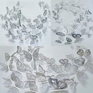 Ewong 60Pcs 3D Butterfly Wall Decal Birthday Cake Party Decoration 5 Style Mural Sticker Art Craft Kid Nursery Classroom Wedding Baby Shower Decorative Girl Bedroom Home Room Office Decor (Silver)