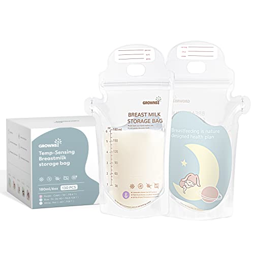 GROWNSY Breastmilk Storage Bags, 6oz Temp-Sensing Zero-Pollution Milk Storing Bag for Breastfeeding, Presterilized, Hygienically Doubled-Sealed, No-Leak for Refrigeration and Freezing, 130PCS