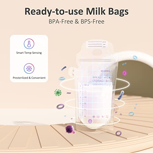 GROWNSY Breastmilk Storage Bags, 6oz Temp-Sensing Zero-Pollution Milk Storing Bag for Breastfeeding, Presterilized, Hygienically Doubled-Sealed, No-Leak for Refrigeration and Freezing, 130PCS