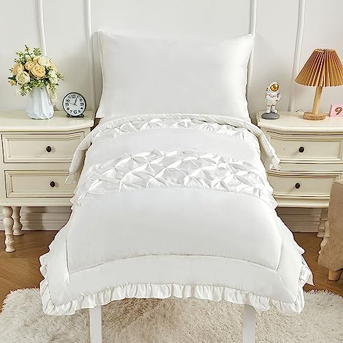 Toddler Bedding Set for Girls 4 Piece white Pinch Pleated Ruffle Fringe Pintuck Toddler Bed Comforter Sheet Set for Kids Bed-in-a-Bag Quilt Crib Set with Comforter,Flat Sheet,Fitted Sheet,Pillowcase