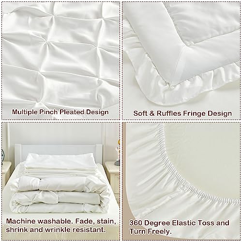 Toddler Bedding Set for Girls 4 Piece white Pinch Pleated Ruffle Fringe Pintuck Toddler Bed Comforter Sheet Set for Kids Bed-in-a-Bag Quilt Crib Set with Comforter,Flat Sheet,Fitted Sheet,Pillowcase