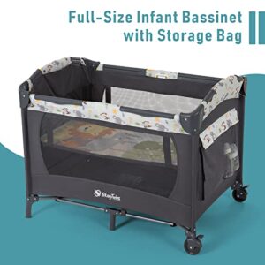 Okaytwins Twin Bassinet & Full-Size Infant Bassinet & Playard for Baby, Includes 2 Removable Rock-A-Bye Portable Bassinets with Storage Bags, Gray