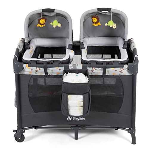 Okaytwins Twin Bassinet & Full-Size Infant Bassinet & Playard for Baby, Includes 2 Removable Rock-A-Bye Portable Bassinets with Storage Bags, Gray