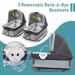 Okaytwins Twin Bassinet & Full-Size Infant Bassinet & Playard for Baby, Includes 2 Removable Rock-A-Bye Portable Bassinets with Storage Bags, Gray